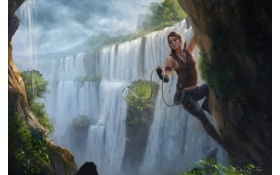 Fantasy Girl Climbing Through The Waterfall