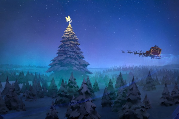 Santa Claus Reindeer Sleigh Flying Christmas Tree 8k (click to view) HD Wallpaper